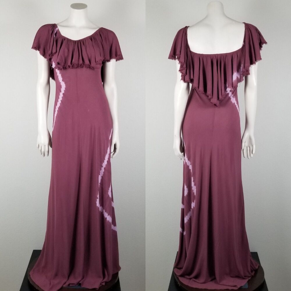 Revolve Blue Life Maroon Tie-Dyed Distressed Ruffle Rayon Maxi Dress Size Small - Picture 2 of 15